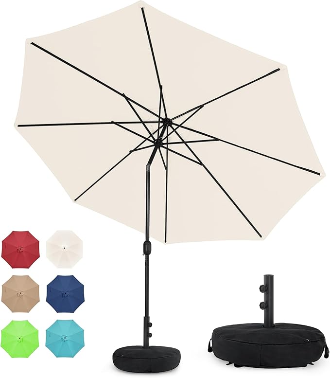 Sundale Outdoor 10 ft Patio Umbrella with Sand Bag Umbrella Base Included, Outdoor Umbrella with Tilt and Crank, Beige