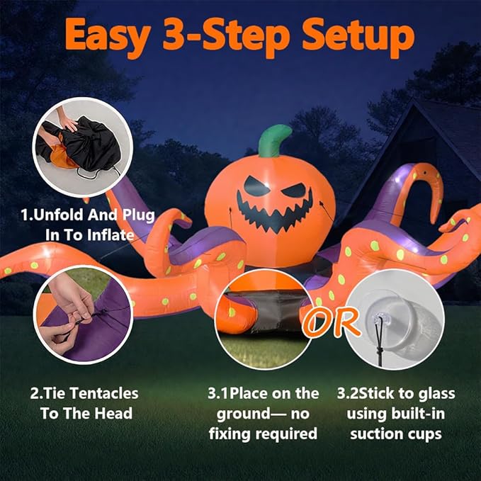GARIG 12FT Halloween Inflatables Outdoor Decorations Pumpkin Octopus Tentacles Build-in LEDs Lights Blow Up Yard Decorations for Garden Lawn Window Indoor Party Holiday Decor