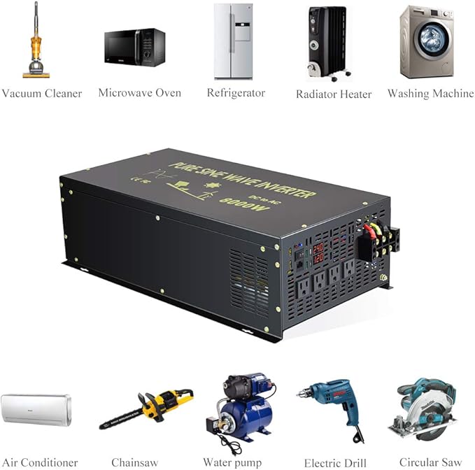 Reliable 8000W Continuous Power Heavy Duty Pure Sine Wave Power Inverter DC 24V to AC 120V with 4 AC Outlets Remote Control 66A Hardwire Terminal and LED Display for RV Car Solar System Emergency
