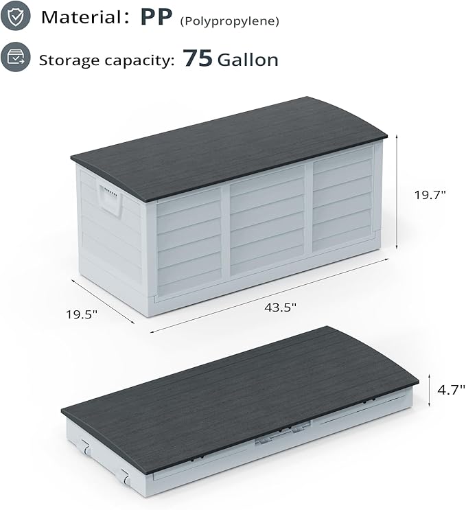 Outvita Foldable 75 Gallon Outdoor Storage Box, Plastic Storage Containers with Lid, Patio Deck Box Furniture for Garden, Pool, Balcony, Yard (Gray Body-Black Lid)