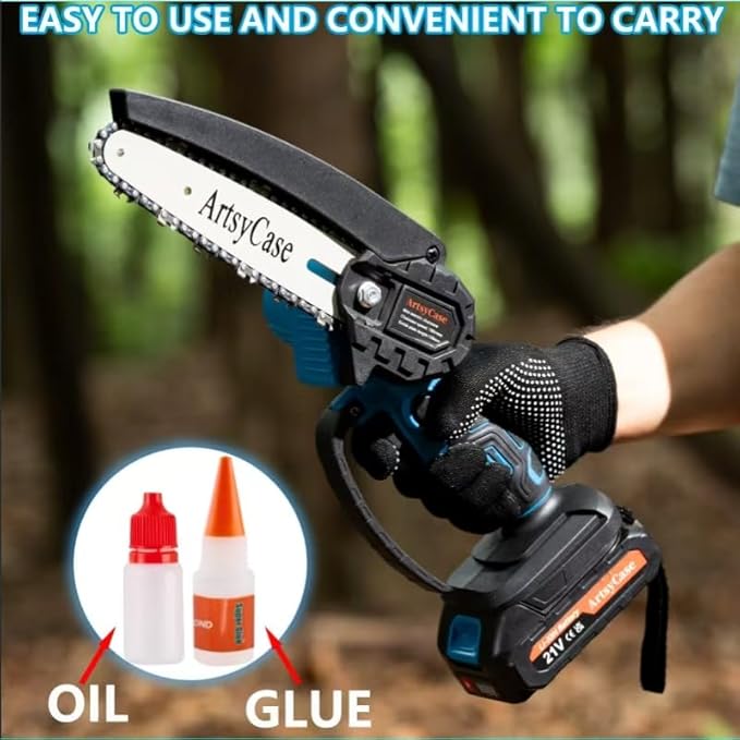 ArtsyCase Mini Chainsaw 6-inch Cordless, Portable chainsaws, Small Handheld Chain Saw for Tree Trimmer, Wood and Bamboo Cutting, Chain saws Gifts for Husband, Dad(2 Batteries+ 2 Chains+ 2 Bars)