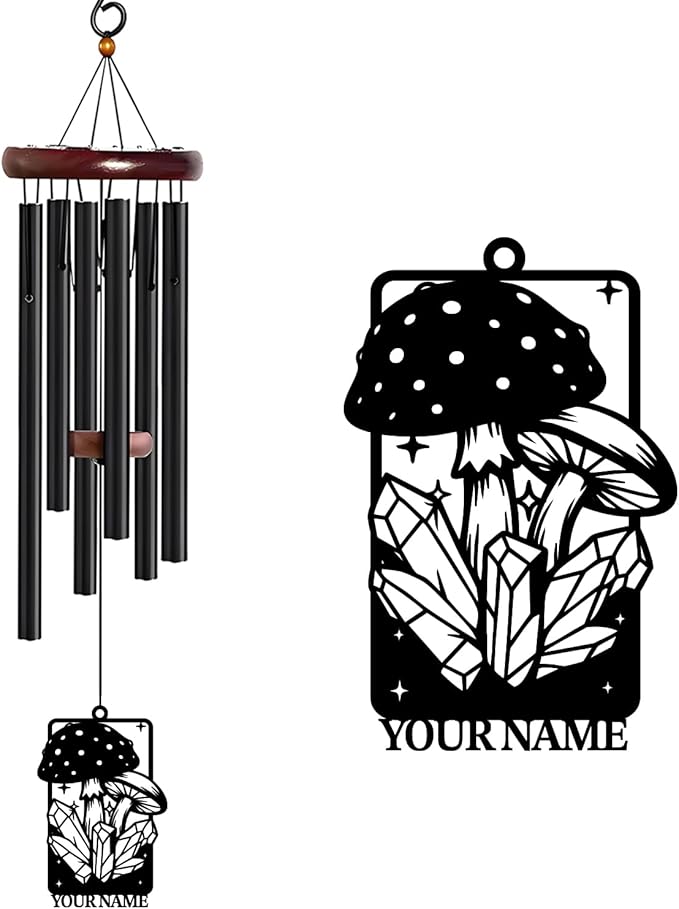 Personalized Customize Name Fantasy Mushroom Wonderland Wind Chime, Metal Iron 37 Inch Outdoor Memorial Gift for Garden Yard Patio Home Decor, Black (Style J)