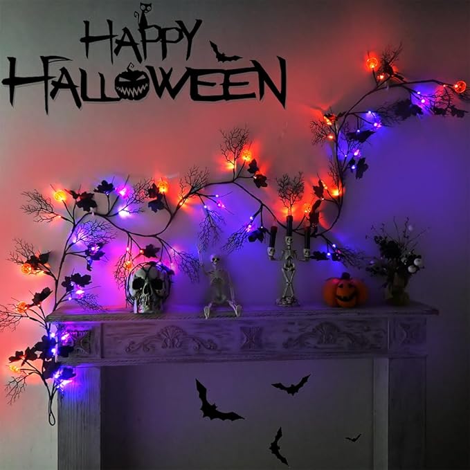 Halloween Decor Lights 8.86FT 72 LED Willow Vine Twig with Timer Battery Operated Garland Lights with Orange Pumpkins Purple Bats and Black Dead Branches Indoor Halloween Decorations for Home