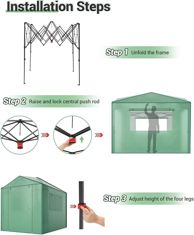 6x8FT Instant Pop-Up Walk-in Greenhouse, Plant Hot House with Galvanized Steel Frame, Green PE Cover, Roll-Up Zipper Door, Portable Large Plant Tent with Ground Pegs & Ropes for Stability