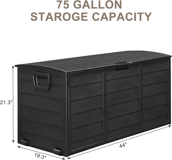 75 Gallon Resin Deck Box, Waterproof Outdoor Storage Box with Wheels, Lockable Lid and Handles, Large Deck Storage for Outdoor Gear, Patio Furniture Cushion, Gardening Tools, Jet Black