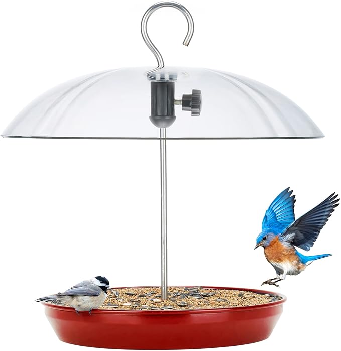 Kingsyard Adjustable Platform Bird Feeder for Outdoors Hanging, Metal Tray Bird Feeder with Dome Top, Attract Bluebirds Cardinals Goldfinches (Red)