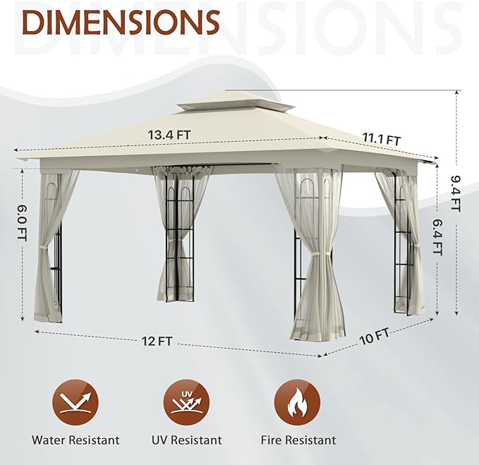 COOS BAY 10x12 Outdoor Patio Gazebo with Netting, Two-Tier Soft Top Canopy for Backyard, Lawn, Deck and Garden, Beige