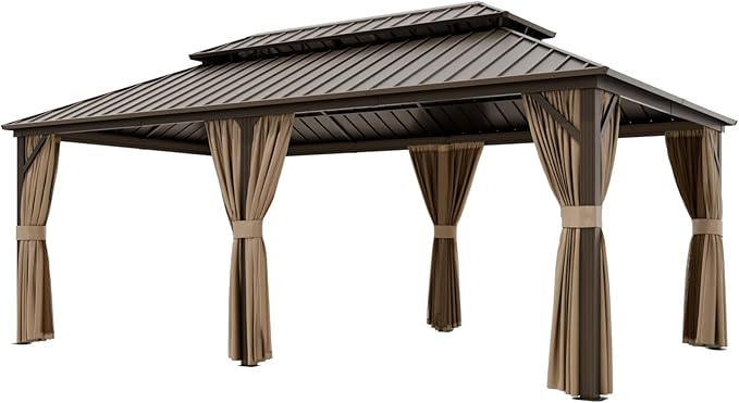 COOS BAY 12x20 Hardtop Gazebo with Aluminum Frame, Galvanized Steel Double Roof Outdoor Pavilion with Netting and Curtains, Dark Brown/Tan