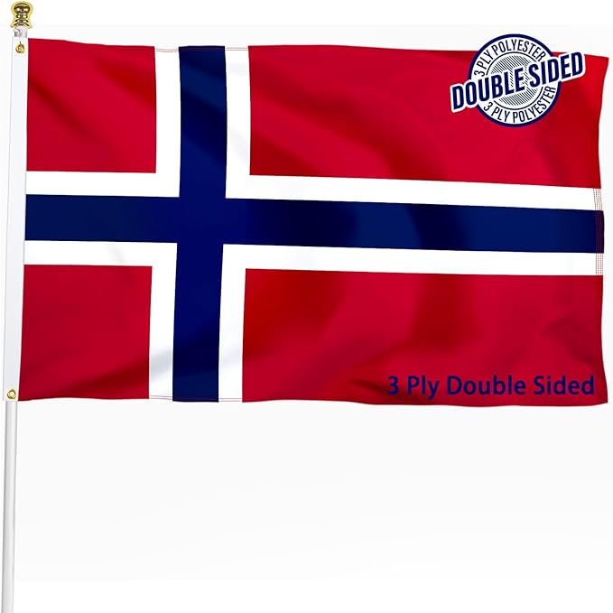 Norway Norwegian Flag 3x5 ft Outdoor, Double Sided 3 Ply Heavy Duty National Flag for NO, 100% Quality Polyester Norwegian Banner with Brass Grommets 4 Rows Stitches