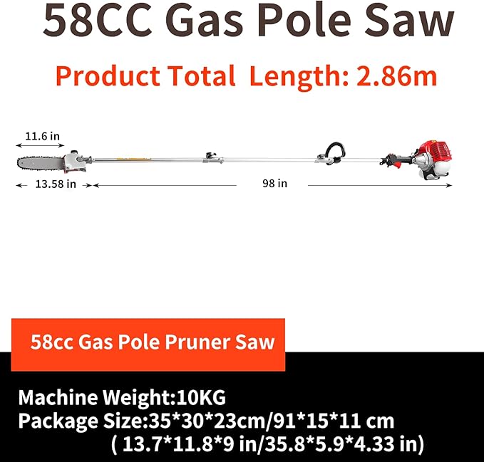 COOCHEER Pole Saw Gas Powered, 16-Foot Reach 58CC 2-Cycle Gas Pole Chain Saw 11.5-Inch Bar Cordless Extendable Long Tree Trimmer Gas Pole Saws for Tree Hedge Trimming Branches Pruning