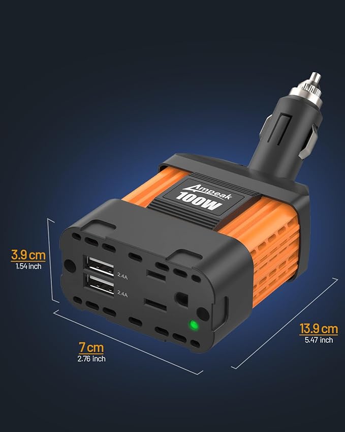 Ampeak 100W Car Power Inverter 4.8A Dual USB Ports AC Outlet 11 Safe Protections Cordless Cigarette Lighter Adapter for iPhone iPad