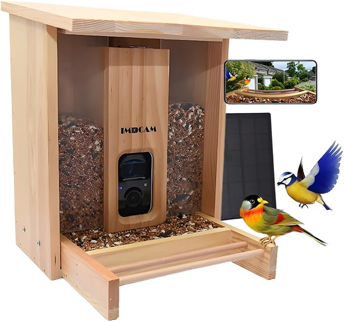 Smart Wooden Bird Feeder with Camera-Solar Power,Bird AI Identifier,1080p HD,5200mAh Battery,3.5L Extra Large,Twin Seed Bins