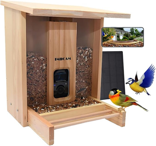 Smart Wooden Bird Feeder with Camera-Solar Power,Bird AI Identifier,1080p HD,5200mAh Battery,3.5L Extra Large,Twin Seed Bins