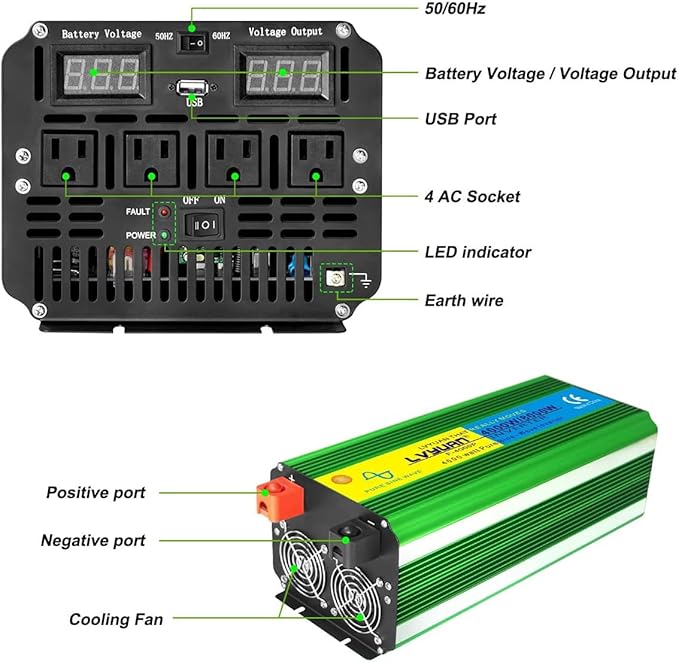 LVYUAN 4000 Watt Heavy Duty 8000(Peak) Pure Sine Wave Power Inverter 24V DC to 110V 120V AC Converter with 4 sockets,LED Display,Remote Control and USB Port for Family,RV, Truck,Road Trip,Emergency