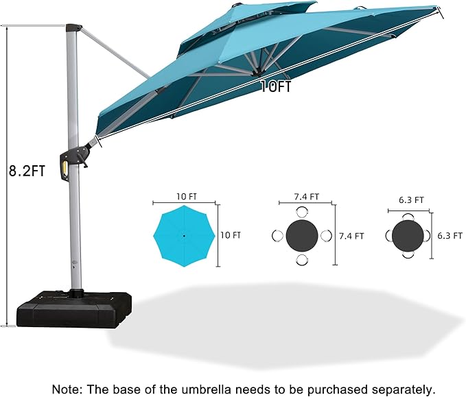 PURPLE LEAF Patio Umbrella 10 Feet Outdoor Round Umbrella Large Cantilever Umbrella Windproof Offset Heavy Duty Sun for Garden Deck Pool Patio, Turquoise Blue