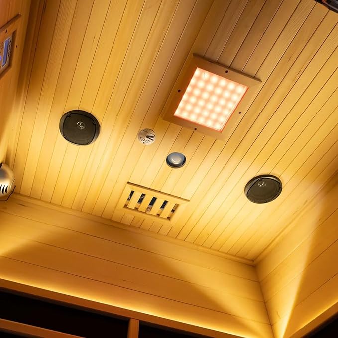 Low EMF Far Infrared Sauna for 4 Person, Canadian Hemlock Wood Sauna Room with Tempered Glass Door, WiFi Control, 220V, 12 Infrared Heaters, 3250W, Reading & 7-Color Starry Light, Oxygen Bar, Speaker