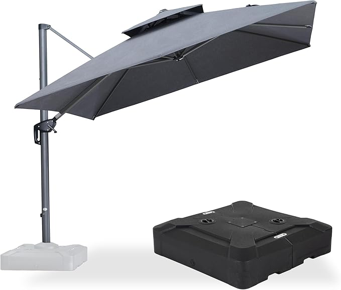PURPLE LEAF Cantilever Umbrella with Base Included 10 Feet Outdoor Double Top Large Offset Hanging 360° Rotation Square Umbrella for Garden Patio Deck Pool Backyard Cast Slate
