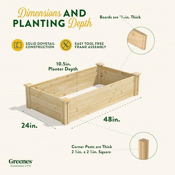 Greenes Fence Original Pine Raised Garden Bed, 2' x 4' x 10.5" - Made in USA with American Pine