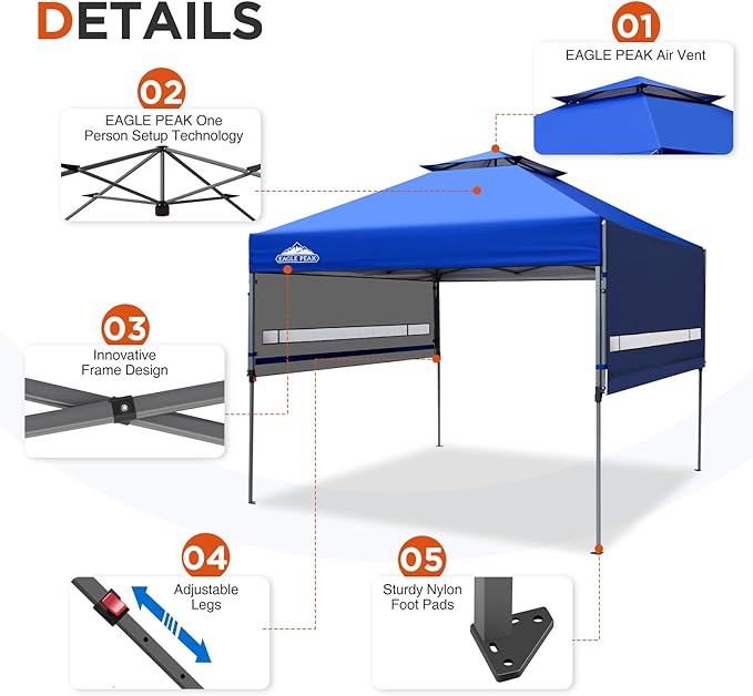 EAGLE PEAK 17x10 Pop up Gazebo Canopy Tent Outdoor Instant Canopy Shelter with Adjustable Dual Half Awnings (Sky Blue)
