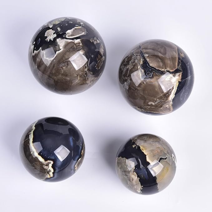 JIC Gem Volcanic Agate Crystal Sphere Large Quartz Crystal Ball with Stand Healing Ornament Witchcraft Meditation Decor 2.3-2.7 inch(60-70mm)
