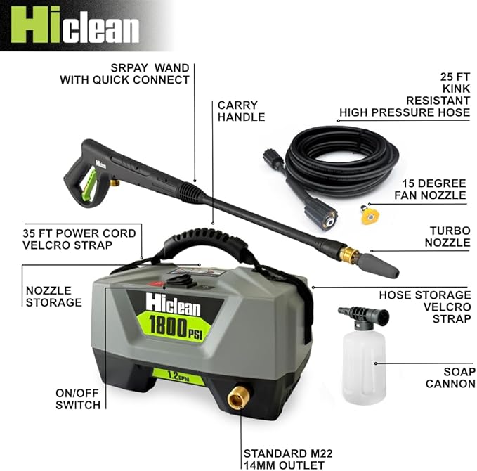 Electric Pressure Washer 1800 PSI - Portable Power Washer for Car Detailing, Patios, Fences and Outdoor Cleaning, Compact Design with Foam Cannon, Turbo and Fan Nozzles, ETL Certified