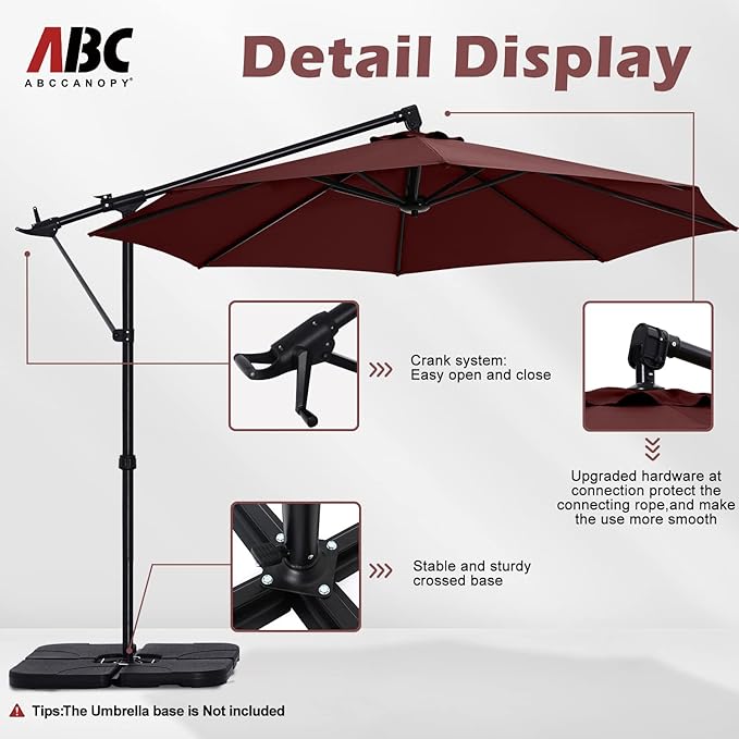 ABCCANOPY 10FT Cantilever Umbrella Offset Hanging Patio Umbrella with Base Stand Rotate and Tilt，Suitable for Garden, Lawn, Backyard(Burgundy)