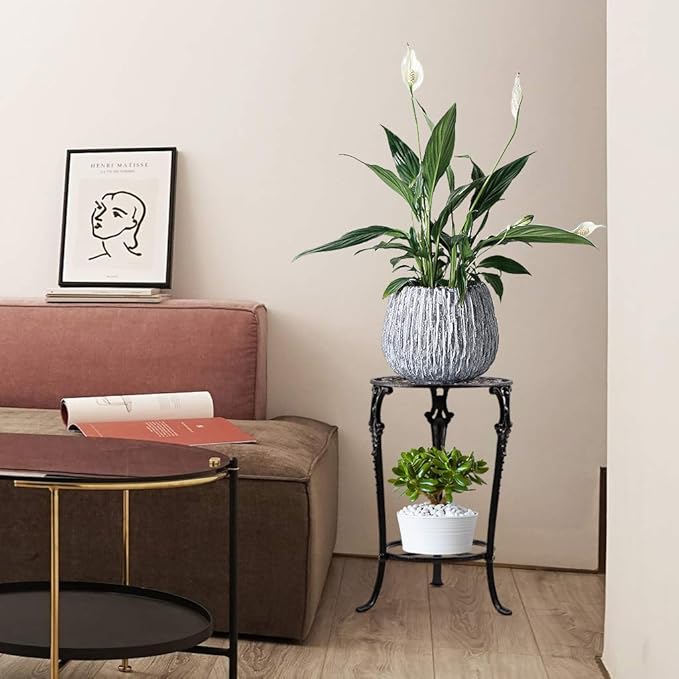 MDLUU Plant Stand 18.8 Inches Tall, Cast Iron Potted Plant Stand, 2-Tier Metal Planter Stand, Flower Pot Stand for Living Room, Bedroom, Kitchen Decor (Black)