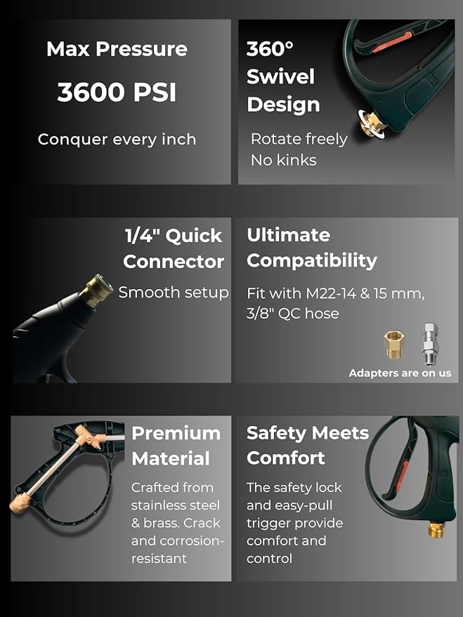 Agile Pa Short Swivel Pressure Washer Gun, 3600 PSI, 1/4" Quick Connector Outlet, M22-14mm Inlet, Adapters for M22-15mm and 3/8" QC Inlet. Power Washer Gun for Car, Boat and Home Cleaning