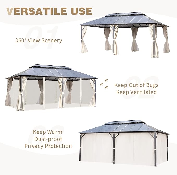 YOLENY 12' X 20' Hardtop Gazebo, Aluminum Composite Ventilation Double Roof Permanent Outdoor Pavilion Pergola Party Tent for Patio, Lawn, Garden, Poolside, Curtains and Netting Included.
