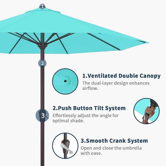 9FT Patio Umbrella with Fiberglass Ribs, Outdoor Market Table Umbrella with Crank and Tilt, UV Resistant Waterproof Canopy for Patio, Garden, Deck, Pool, Aqua Blue