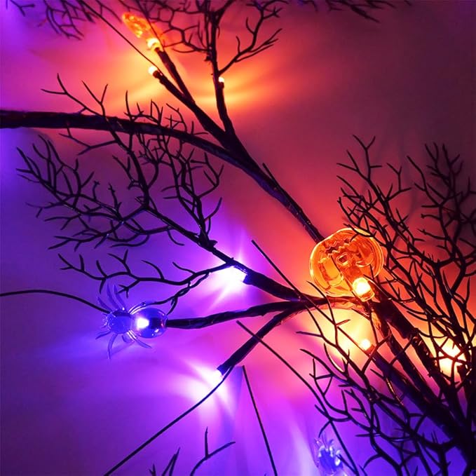 Halloween Decor Lights 8.86FT 72 LED Willow Vine Twig with Timer Battery Operated Garland Lights with Orange Pumpkins Purple Spiders and Black Dead Branches Indoor Halloween Decorations for Home