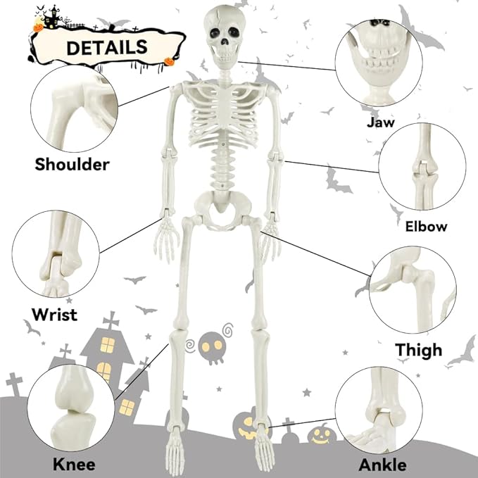 YUJUN 36'' Halloween Skeleton Decoration with Dog Skeleton, 3ft Full Body Posable Skeleton Realistic Plastic Bones Movable Joints for Halloween Party Yard Haunted House Props Indoor Outdoor Decor
