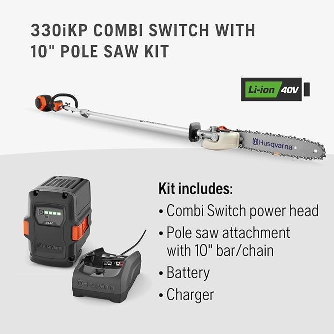 Husqvarna 330iKP Combi Switch + Pole Saw Attachment, 10-Inch Electric Pole Saw with 4 Ah Battery and Charger Included, 970701205
