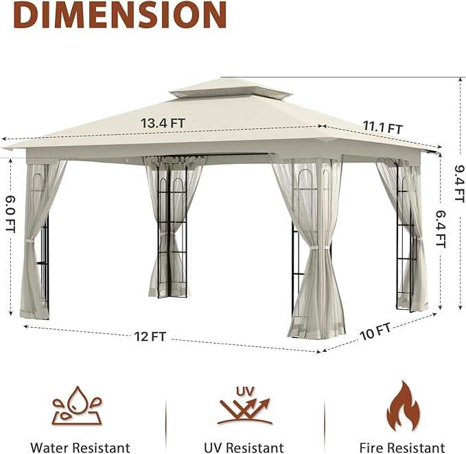 EAGLE PEAK Patio Gazebo with Mesh Netting 13x11 at Top 12x10 Footprint, Soft Top Outdoor Pavilion for Backyard, Deck, Lawn and Garden, Beige