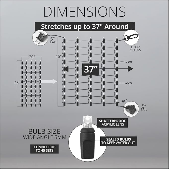 Wintergreen Lighting StretchNet Pro Expandable Christmas Net Lights – Cool White Tree and Trunk Wrap Lights, 50 Lights, 20" x 45" Stretchable Net, Brown Wire