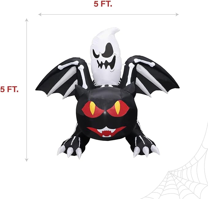 Haunted Hill Farm 5-Ft Tall Black Cat Bat Blow Up Inflatable with Red Eyes, Ghost, and Lights, Outdoor Halloween Inflatable Decoration for Lawn and Yard, Giant Spooky Holiday Decor