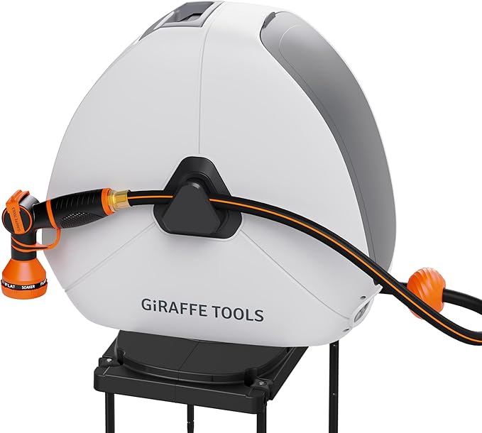 Giraffe Tools Heavy Duty Retractable Hose Reel, 130FT 1/2 Inch Automatic Rewind Garden Hose Reel with Flexible Swivel Base, Ground Mount for Lawn, Patio, and Concrete Floor