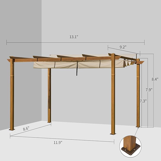 Domi 9’ x 13’ Outdoor Retractable Pergola Against The Wall with Weather-Resistant Canopy Aluminum Garden Pergola Patio Grill Gazebo for Courtyard(Teak Coated)