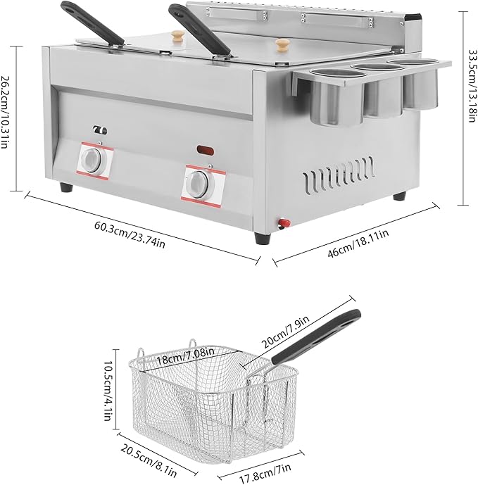 LYNICESHOP Stainless Steel Countertop Gas Fryer, Commercial LPG Gas Deep Fryer with 2 Basket Propane LPG Oil Frying Pot Kitchen Frying Machine Snack Fryer For French Fries Restaurant Home Kitchen