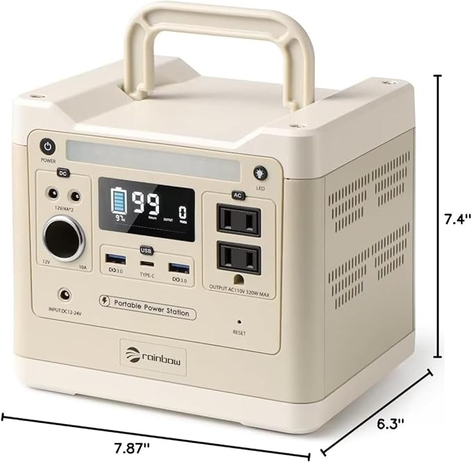 RAINBOW Portable Power Station 320W, 298Wh Backup LiFePO4 Battery, 2 x 110V/320W(Peak 640W) AC Outlets, Solar Generator for Outdoor Camping, Quick Charge for Home, Hiking