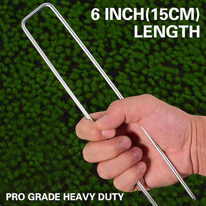 100Pcs Garden Stakes Staples + 100Pcs Gasket, Bakulyor 6 Inch Lawn Landscape Staples 11 Gauge U Shaped Galvanized Landscape Pins, Heavy Duty Yard Ground Pin for Weed Barrier Sod Fabric Decorations