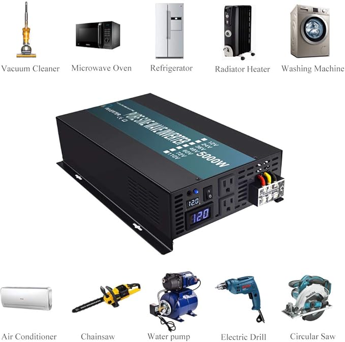 WZRELB RBP-500012S Pure Sine Wave 5000W (10000W Surge) 12V Power Inverter DC to AC Power - Solar, RV, Black