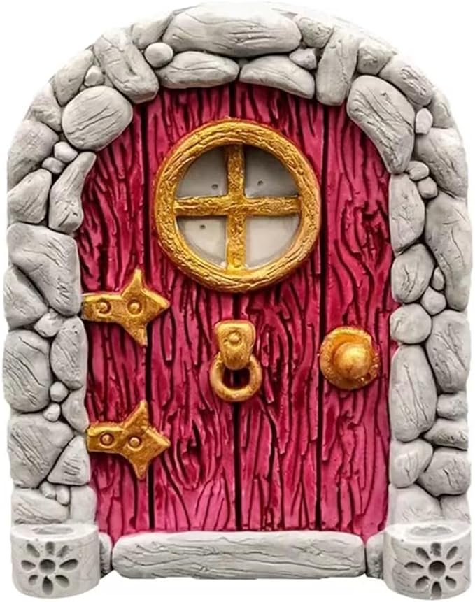 Red Mini Fairy Garden Door for Tree, 3D Miniature Fairy Door for Fairytale Tiny House Doors, Bonsai Terrarium Micro Landscape Decoration Accessories Garden Miniatures