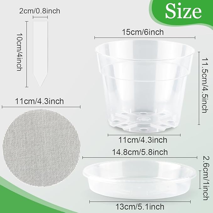 Clear Plastic Nursery Pots for Plants, 6 Inch Transparent Plant Pot with Drainage Holes and Saucers, Seed Starter Pots with 15 Pcs Plant Labels and 15 Pcs Soil Screens