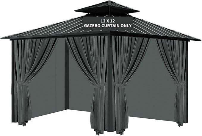 Gazebo Universal Replacement Privacy Curtain, 12'X12' Gazebo Curtains Outdoor Waterproof, 4-Panels Sidewall with Zipper for Patio, Garden and Backyard (Only Curtains, 12'X12', Grey)