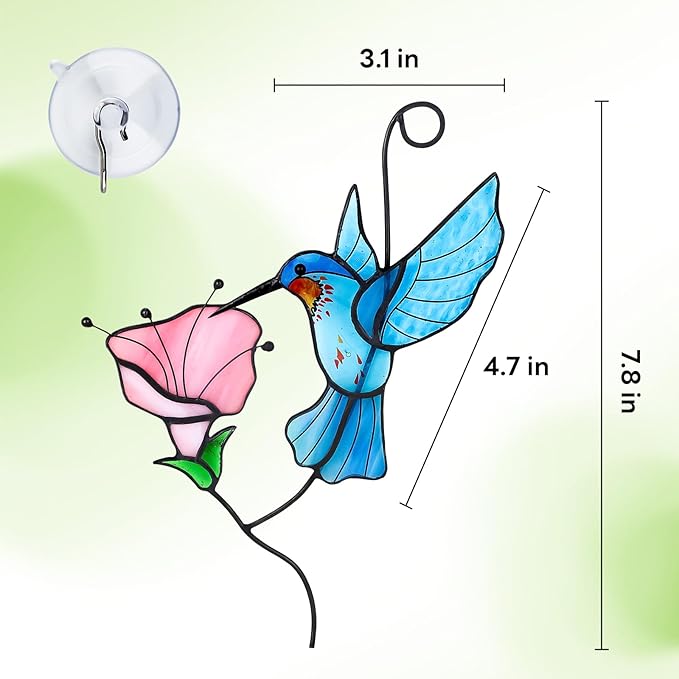 Handmade Stained Glass Hummingbird Suncatcher, Blue Bird with Pink Flower Window Hanging Decor, Art Glass Ornament, Unique Gifts for Mom, Bird Lovers & Home Decoration