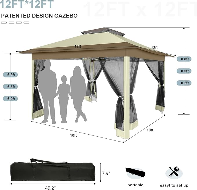 COBIZI 12x12 Pop up Gazebo on Clearance with Mosquito Netting & Sandbags, Outdoor Canopy Tent with 4 Ropes 8 Stakes & Portable Carrying Bag, Patio Portable Gazebo for Garden Backyard & Lawn,Khaki
