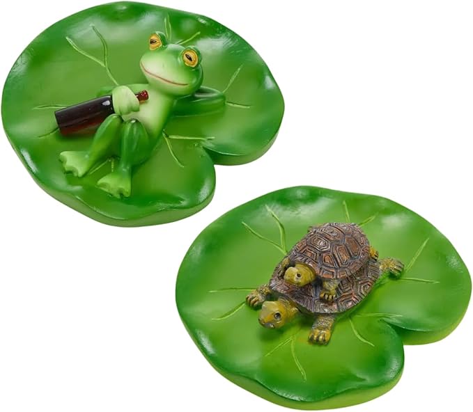 2 PCS Turtle and Frog Resin Statues on for Lotus Leaves, Vibrant Green Outdoor Decor for Gardens, Pools, Ponds, Flower Pots - Perfect for Easter, Halloween, Christmas, Garden Decorations