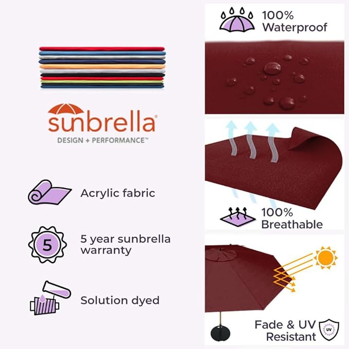 Midtown Umbrellas The Wooden 10 Feet Patio Umbrella With Sunbrella Burgundy Acrylic Fabric - Aluminum Frame Market Umbrella For Backyard, Deck, Garden, Pool - Wooden Pole