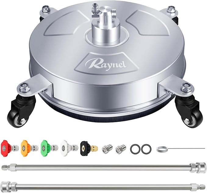 RAYNEL 14'' Pressure Washer Surface Cleaner with 4 Wheels, Stainless Steel Housing, 1/4" Quick Plug, 2 Extended Wands, 2 Replacement Nozzles